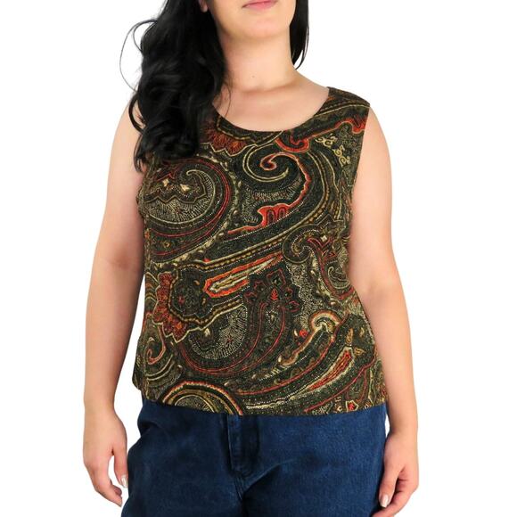 Mirasol 1990s Vintage Brown Paisley Retro Sleeveless Top Blouse Tank Large - Picture 1 of 5